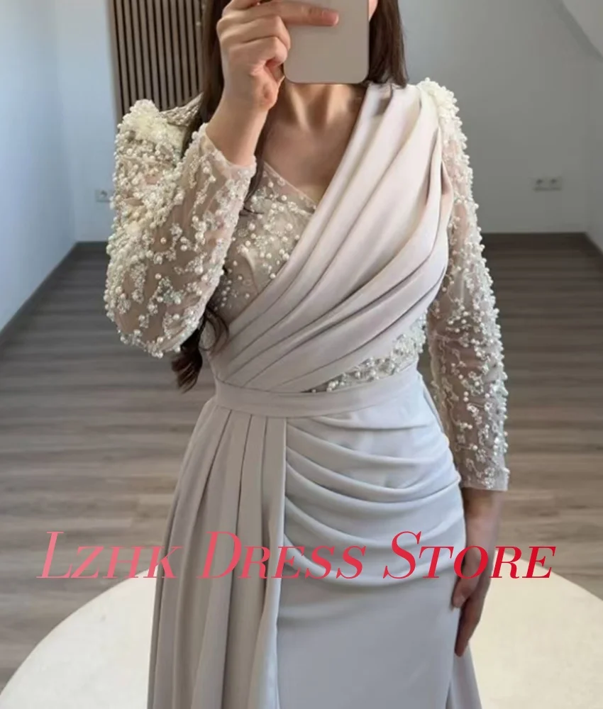 カスタマイズされた優雅なジャージービーズスパンコール A ラインイブニングドレス高品質長袖フロアレングス فساتين سهرات