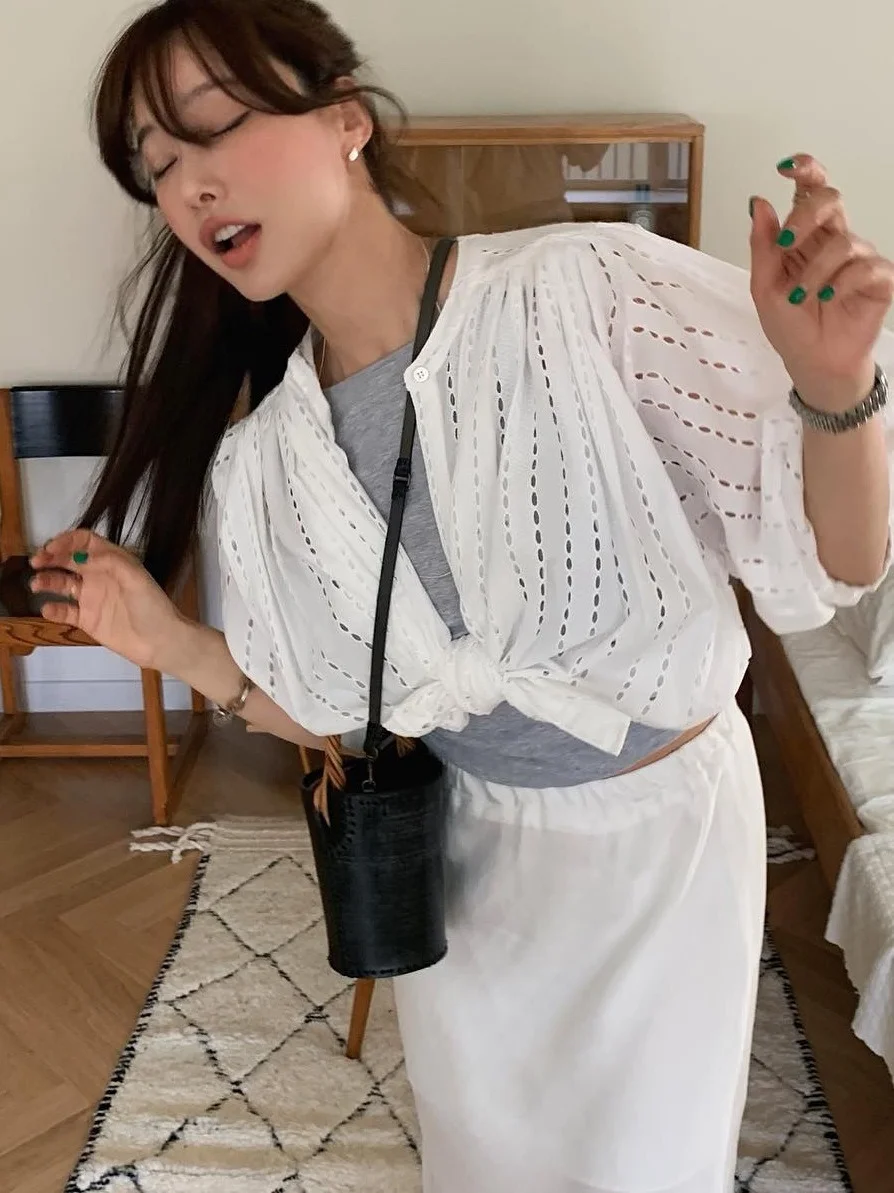 Dentelle évider chauve-souris Sve irt femmes été décontracté ample polyvalent haut doux Sle lanterne Sve rond Ne So...