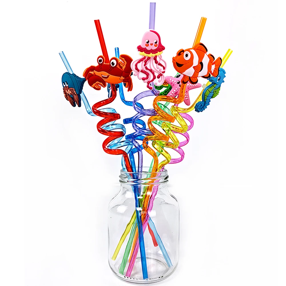 8/16/24/32/40pcs 27cm Sea Animals Straw Reusable Kids Birthday Party Decor Supplies Under The Sea Plastic Spiral Drinking Straws