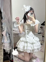 Aesthetic Gothic Skinny Short Sleeve Lolita Dress Women Summer Japanese Square Neck Lace Patchwork One-piece Dresses Female 4