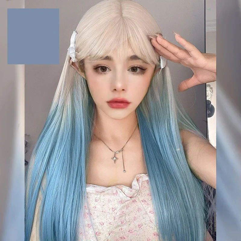 2025, trendige, pastellrosa Ombre-Perücke, lang, gerade |   Pfirsichblondes Haarteil mit voller Kappe und stumpfem Pony für modische Teenager-Mädchen