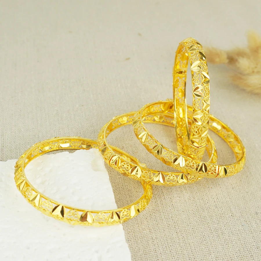 Hollow Filigree Gold Bangle Hypoallergenic Copper Bracelet 6cm Inner Diameter Wedding Jewelry for Women