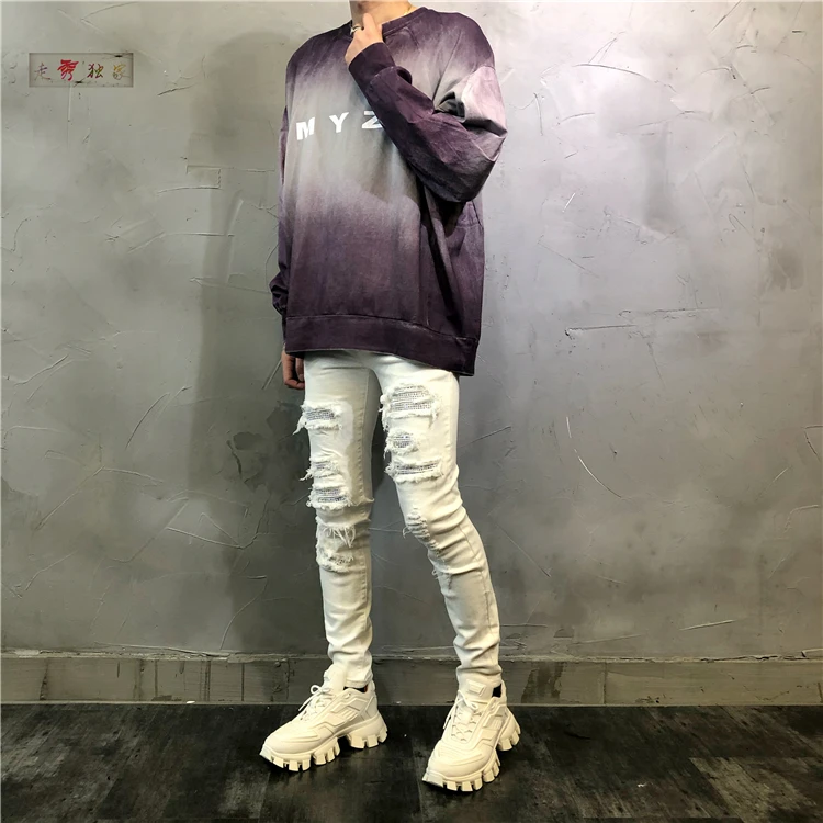 High Street Fashionable Men's Trousers Patch White  Jeans Fashion Stretch Feet Pants Washed Broken Holes