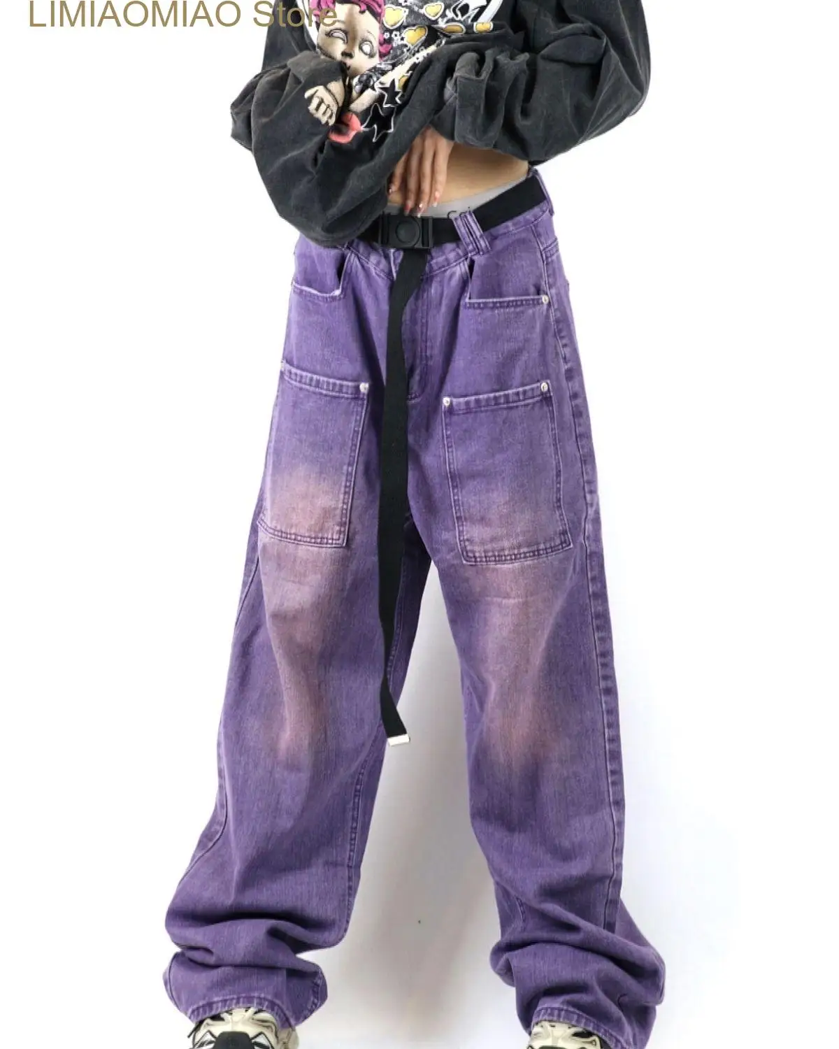 Jean Cargo Droit à Jambes Larges pour Femme, Pantalon en Denim, Violet, Rétro, Longueur Rincée, DistMurcia, Poches, Fermeture Éclair, Nouveau