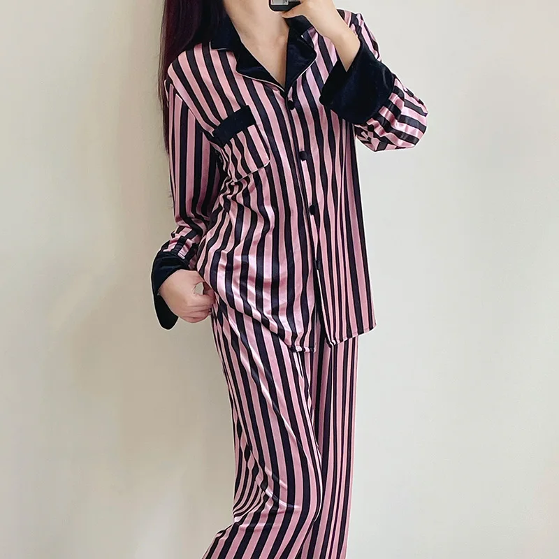 Sexy Nightwear Women\'s Autumn Winter Long-Sleeved Fashion Senior Sense Temperament Ladies Homewear Suit Striped Cardigan Lapel