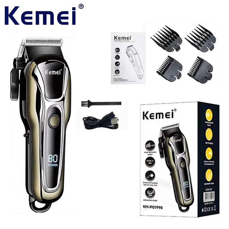 Kemei KM-PG1990A USB Rechargeable Electric Hair Clipper Professional Cordless Men Hair Trimmer Men's Hair Cutting Machine