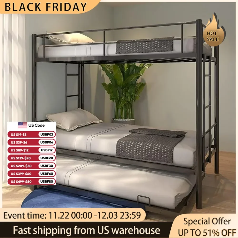 

Twin Over Twin Metal Bunk Bed Trundle Frame with 2 Side Ladders Convertible Bunkbed Safety Guard Rails,No Box Spring Needed