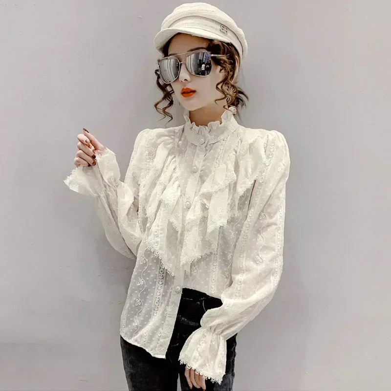 Spring Fashion Long Sleeve Loose Button White Shirt Elegant Stand Collar Pleated Tops Casual Ruffle Lace Blouse Blusas 15832