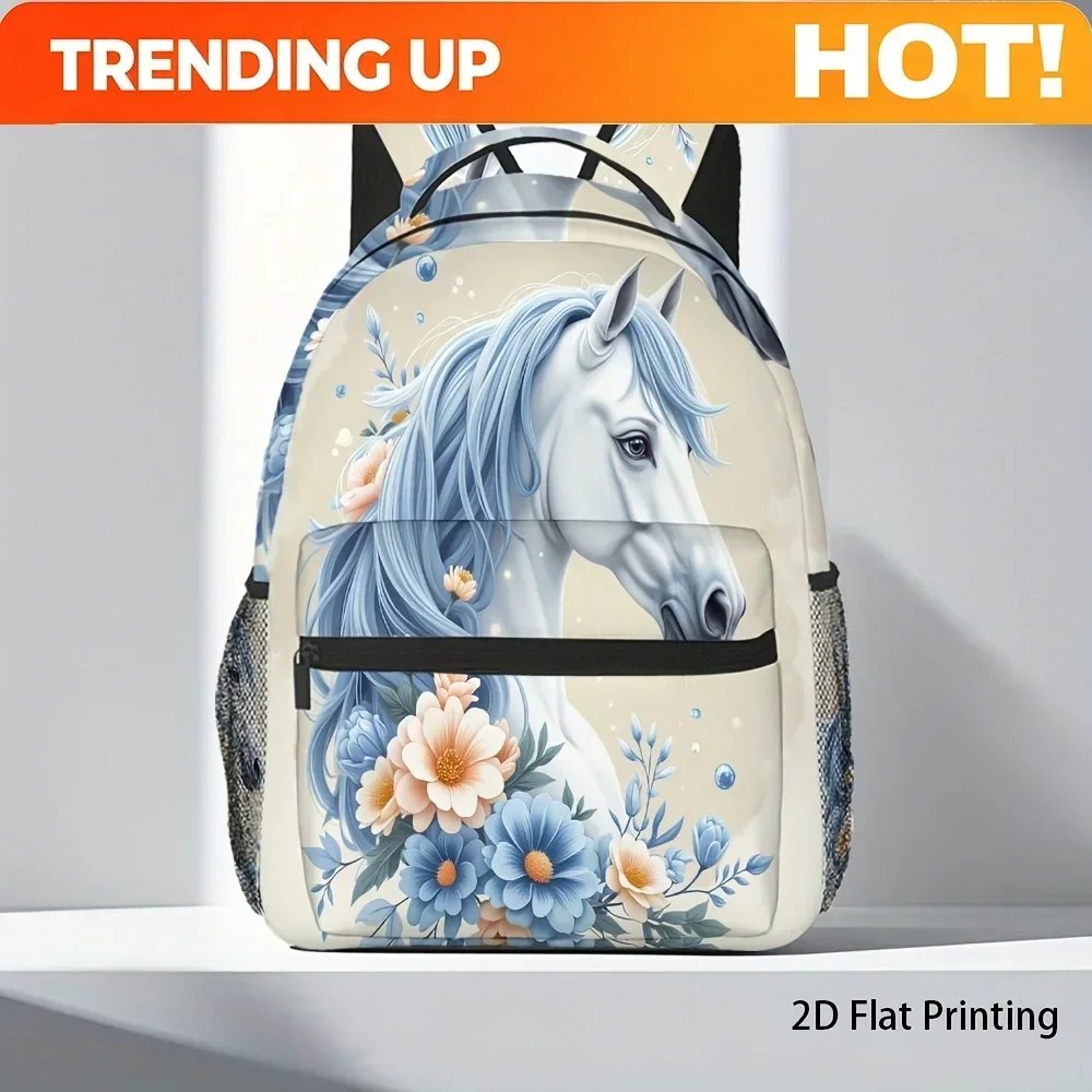 Custom Bag 1pc Artistic Blue Horse & Floral 2D Flat Print Backpack - Adjustable Straps, Spacious Compartments, Lightweight Polye