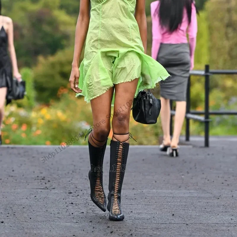 

Black Hollow Design Cross Tied Pointed Toe Sandals Boots Back Strap Women Shoes Thin High Heels Runway 2023 Zapatos Para Mujere