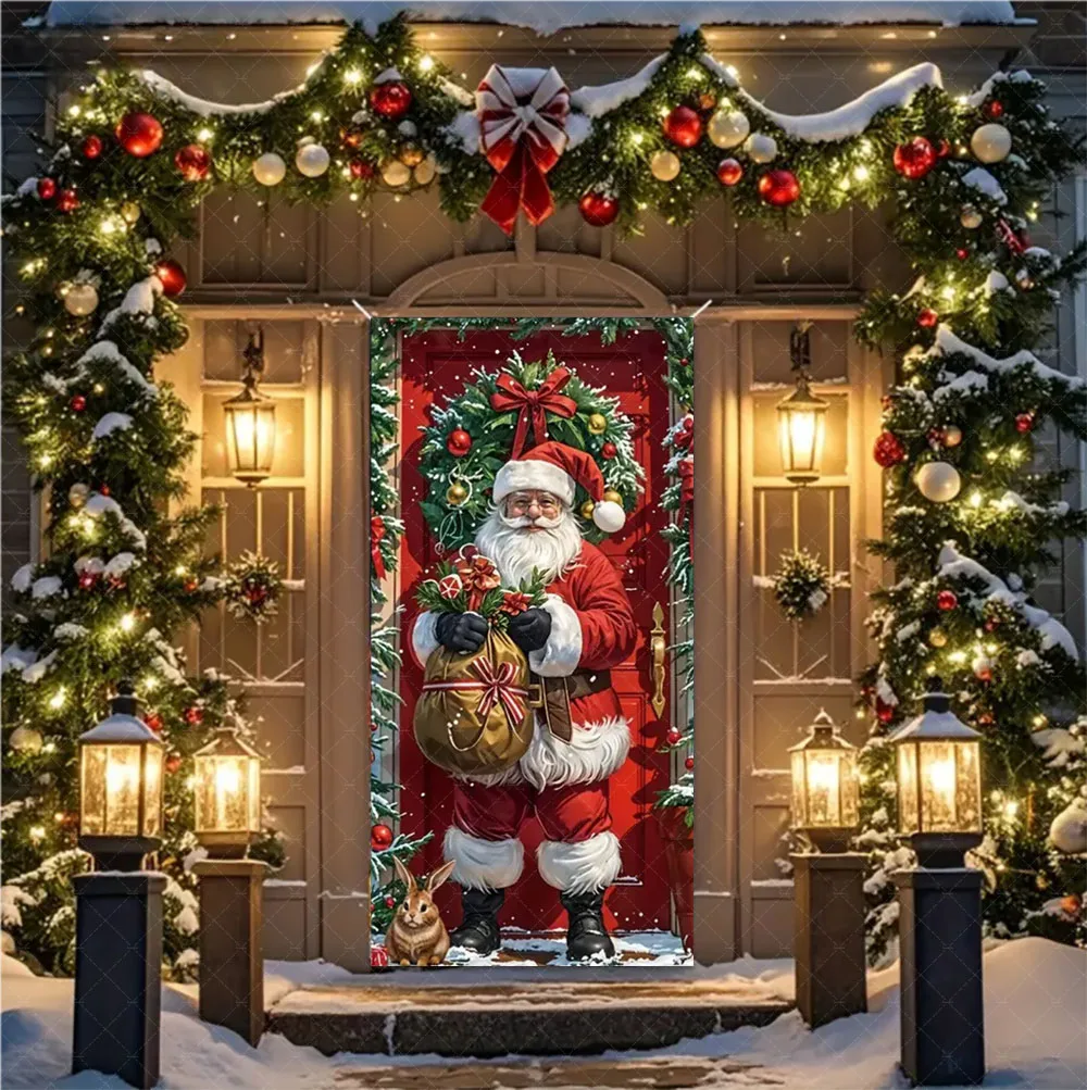 

Christmas Santa And Elk Theme Backdrop Nut Cracker Snowman Door Banner Indoor Outdoor Veranda Door Cover Children Gifts Surprise