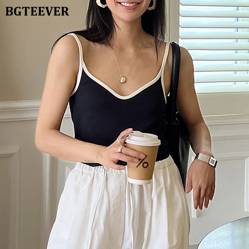 BGTEEVER Fashion V-neck Patchwork Ladies Camisole Summer Sleeveless Tank Tops Women Skinny Vests