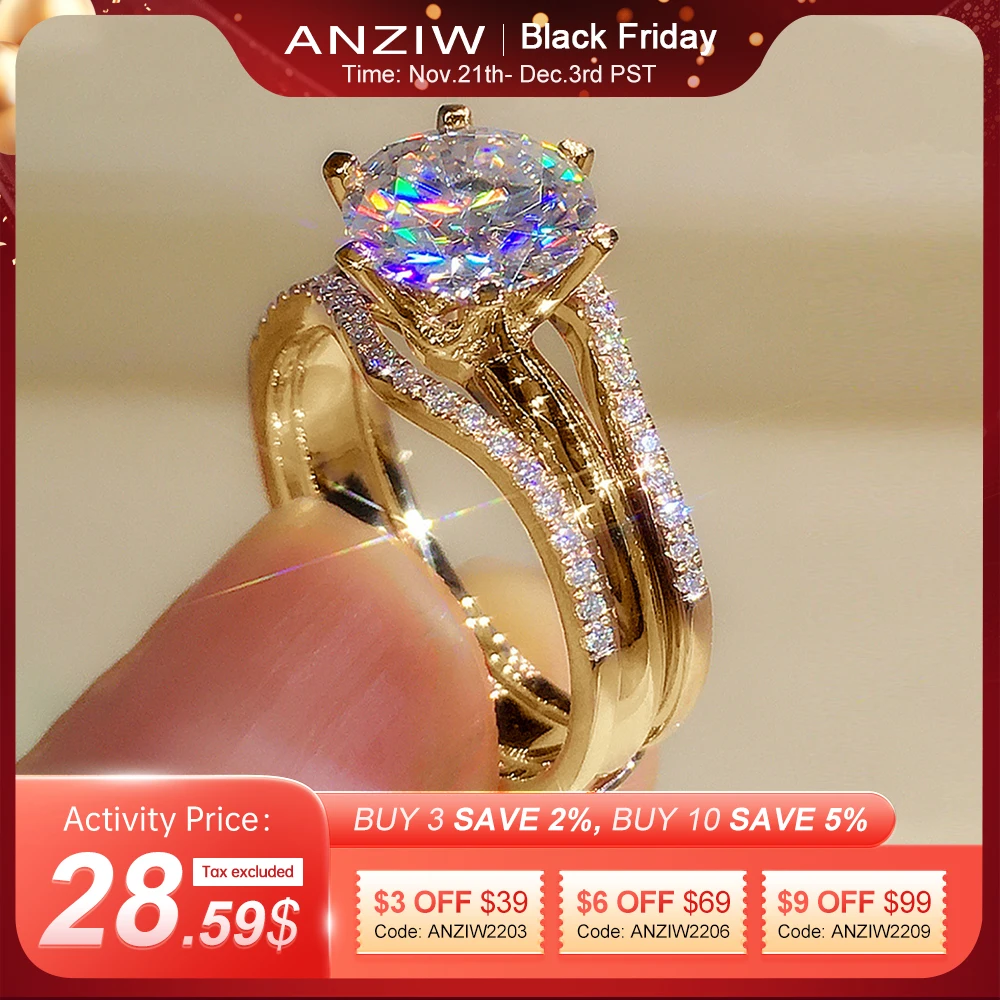 Anziw Gold Color 3.0CT Moissainte Wedding Rings Bridal Sets for Women Classic 2ct Designed Promise Band Engagement Jewelry Gifts