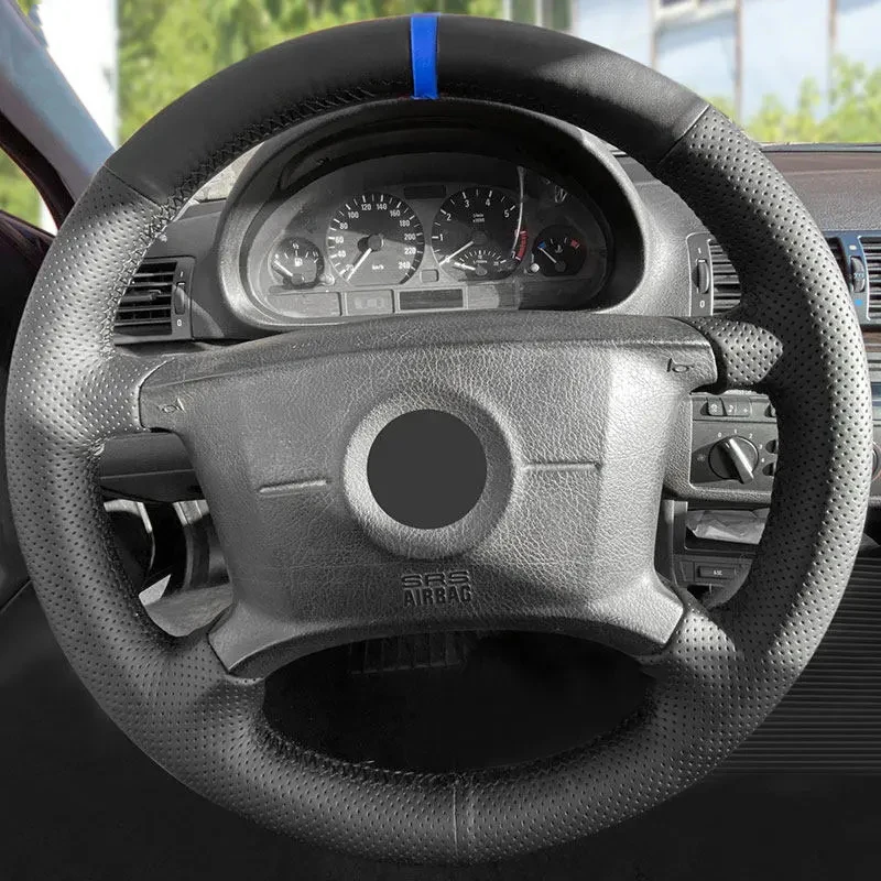 

For BMW 3 5 Series E36 E46 E39 For X3 E83 X5 E53 2000-2006 Car Interior Steering Wheel Cover Trim Black Leather with blue strip