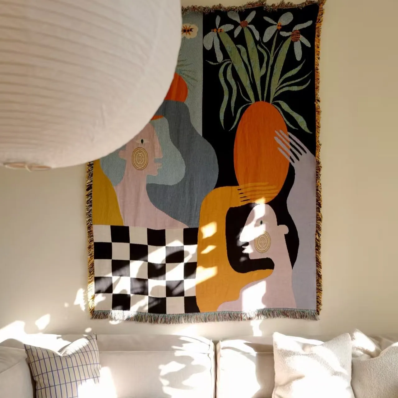 Modern Abstract Art Tapestry Boho Woven Jacquard Wall Hanging with Colorful Geometric Design & Fringe Decorative Throw Blanket