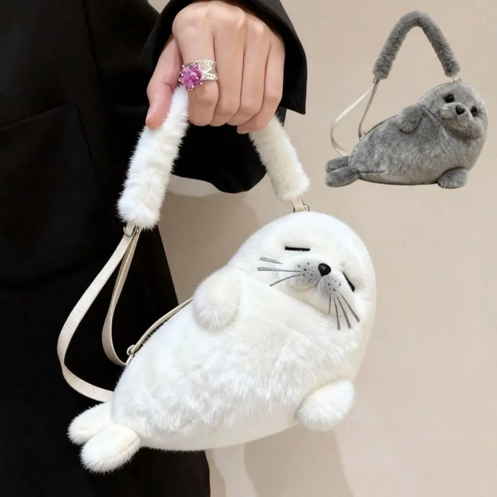 Soft Fluffy Cute Seal Shoulder Bag Lightweight Cartoon Crossbody Bag Adjustable Straps Fabric Phone Bag Women's Accessories