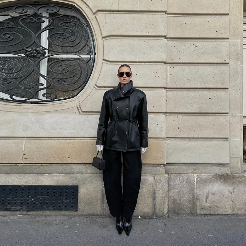 Vintage schwarze Kunstlederjacken für Damen, lässig, zweireihig, Stehkragen, schmale Mäntel, 2025, Herbst-Dame, High-Street-Outfits