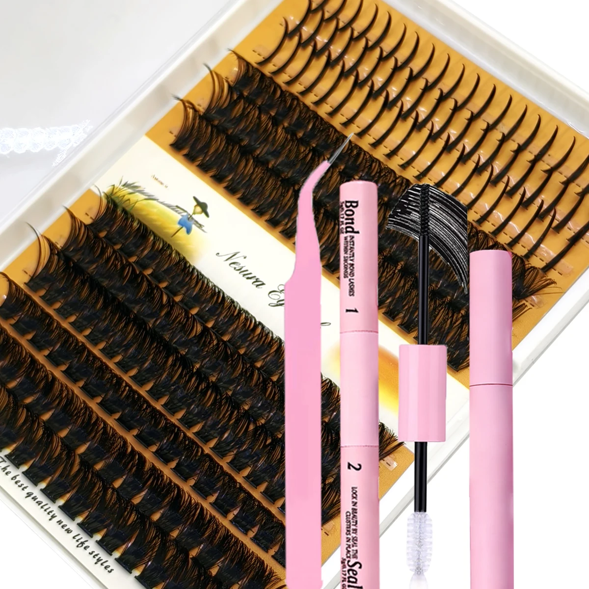 HBZGTLAD 12 صفًا لتقوم بها بنفسك طقم تمديد الرموش D حليقة Spikes60D80D100DMIXC D مع أسود مقاوم للماء لاش السندات وختم ملاقط مقاومة للماء #4