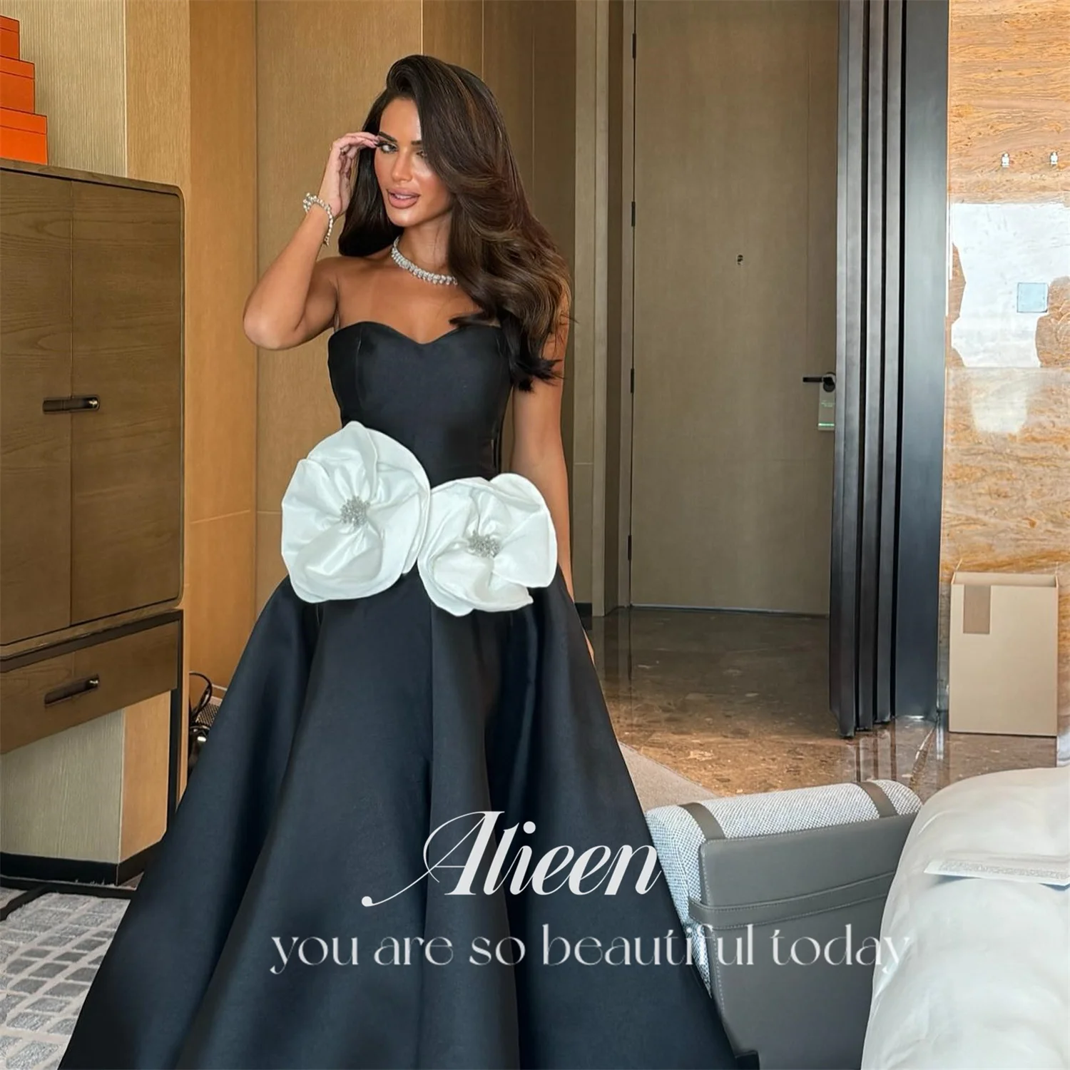 Aileen Black Off the Shoulders 3D Flowers Satin A-line Chubby Elegant Party Dresses 2024 for Wedding Evening Woman Gala Prom