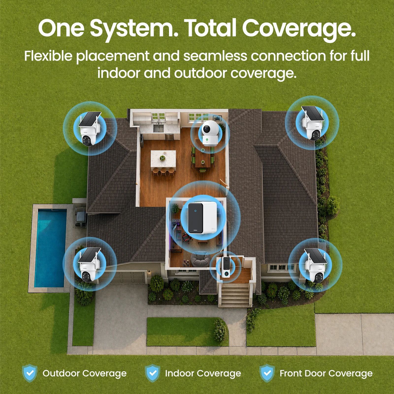 AOSU G11 3K Solar Camera System Outdoor Wireless Kit with 2K Video Doorbell and 3MP Indoor Camera 360° Protection AI Alerts