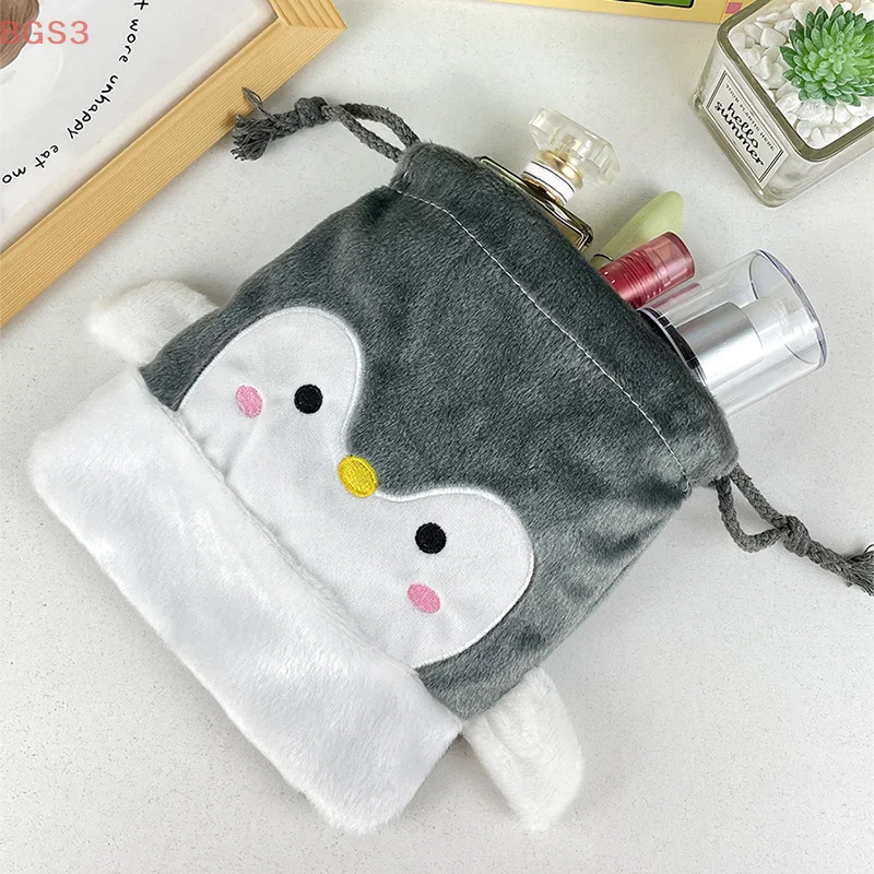 Cartoon Penguin Plush Drawstring Bundle Pocket Plush Portable Large Capacity Handbag Cosmetic Cell Phone Sundry Organizer