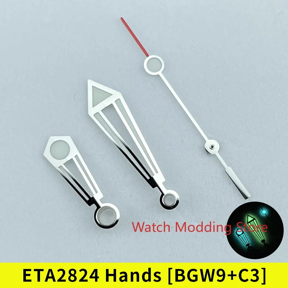 BGW9+C3 Super Lume Silver Watch Hands Set For ETA2824 PT5000 ST2130 Movement Mods SM300 Style Polished Finish