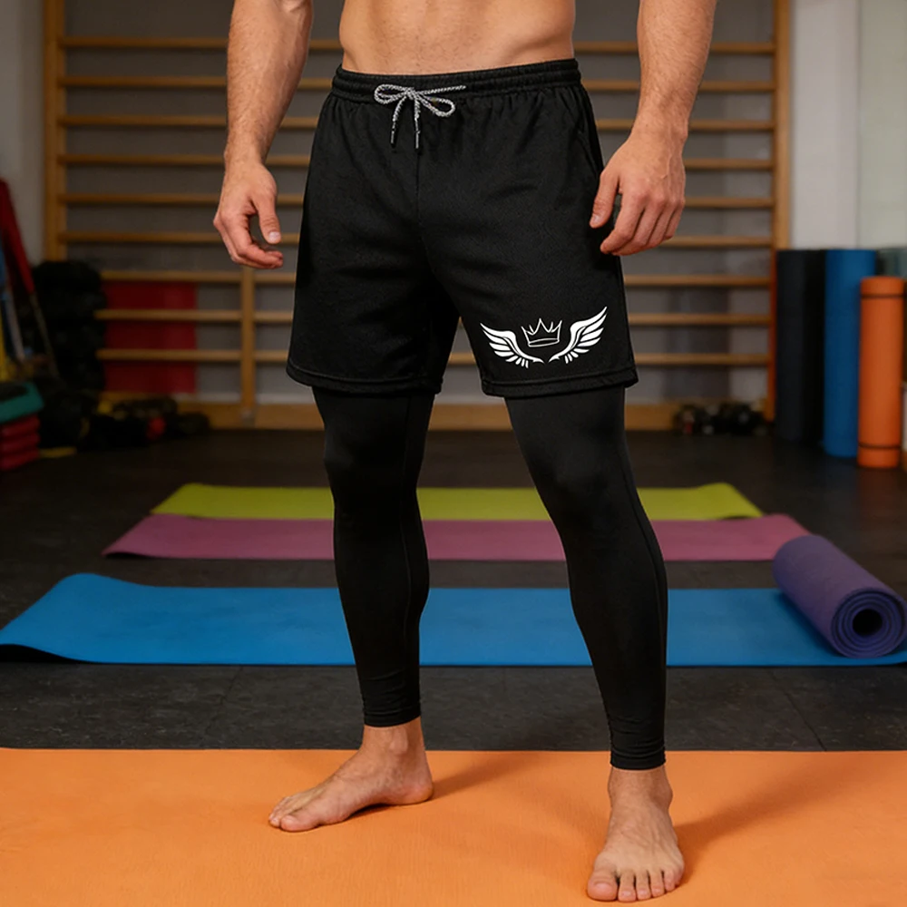 Men's Double-Layer Athletic Pants with A crown Wings Print Featuring Towel Loops and Pockets Quick-Drying Running Training Pants