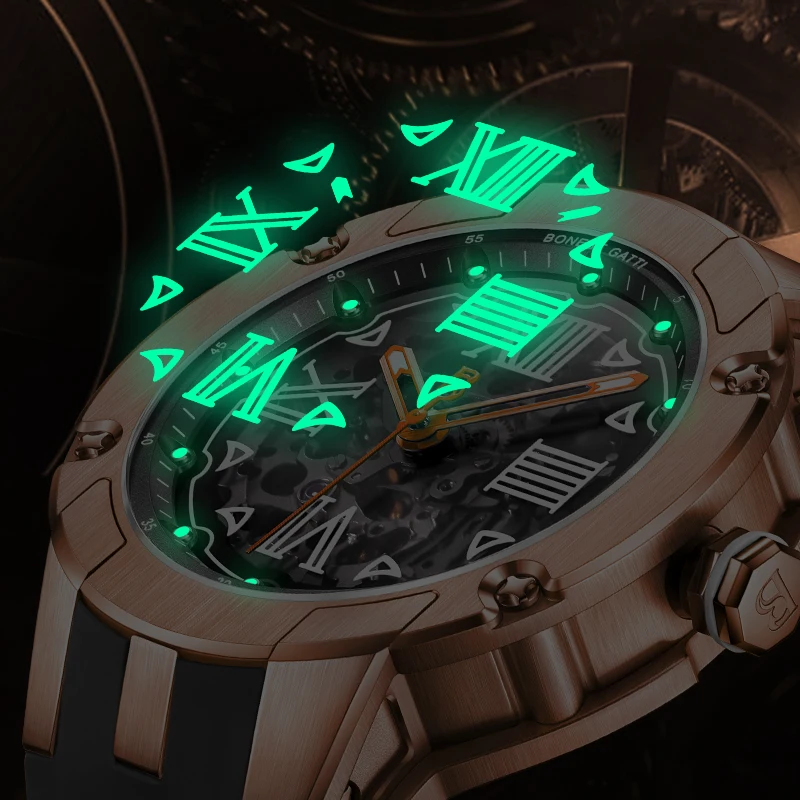 BONEST GATTI メンズ自動巻き時計 45 ミリメートル機械式腕時計サファイアガラス発光スケルトンダイヤルフッ素ゴムストラップ