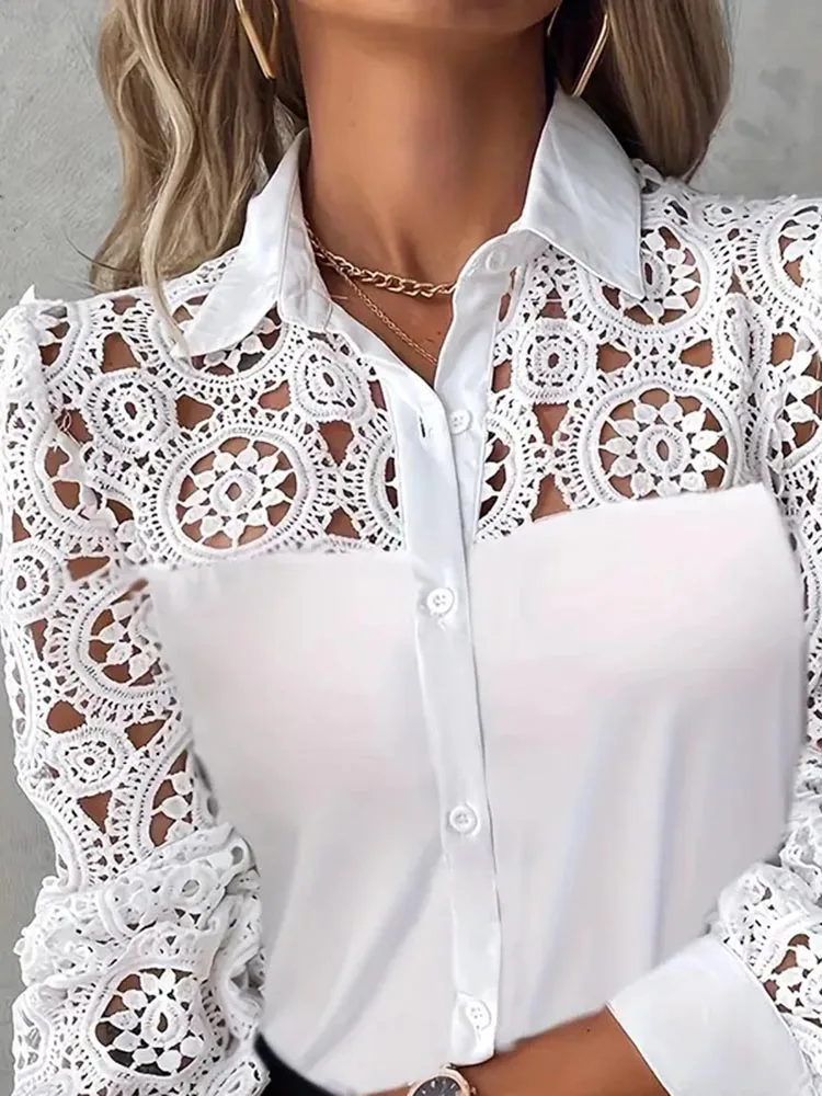 Shirts Elegant Office Ladies White Collared Lace Patchwork Hollow Out Button Up Womens Tops And Blouses 2024 Fashion New Blouse