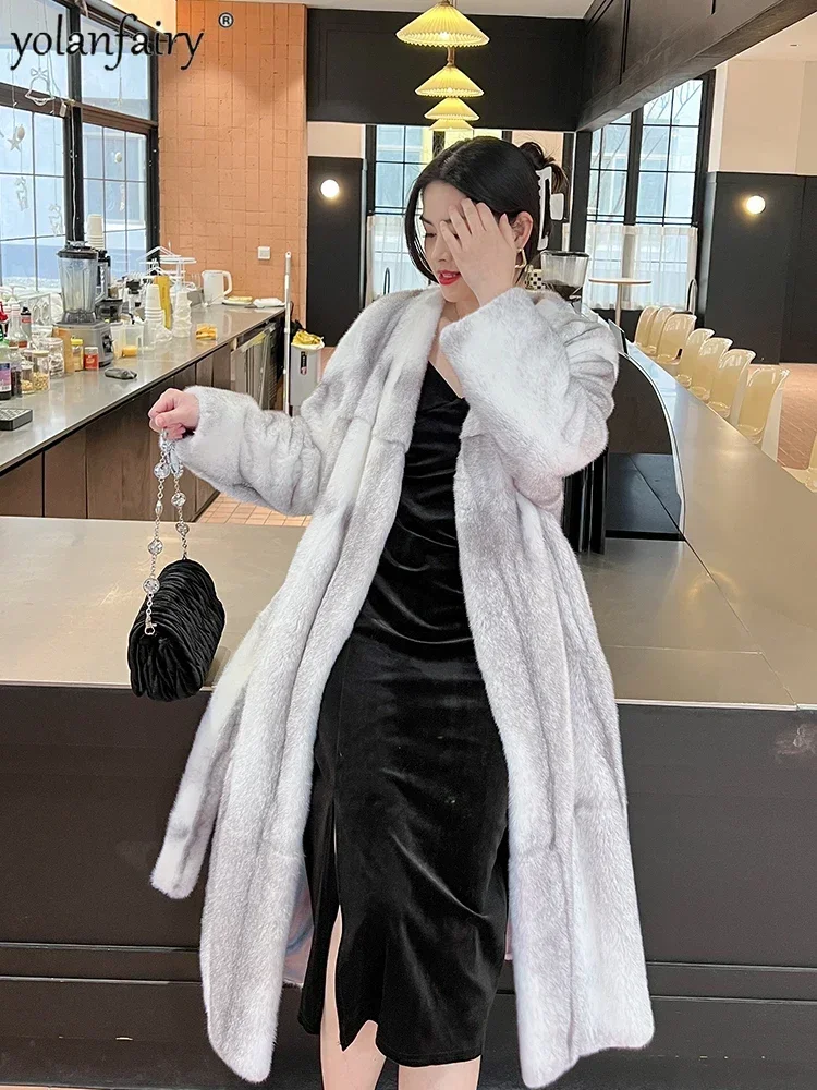 Silver Cross Real Mink Fur Coat Women's Knee Long Coats and Jackets for Women Fur Clothing V-Neck Lace Up Female Winter Jacket F