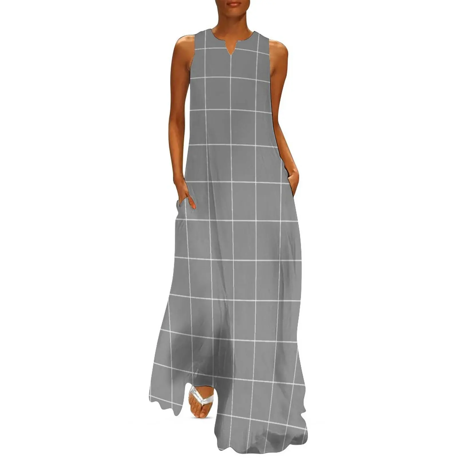 Windowpane Check Grid (white/gray) Long Dress birthday dress for women dress Elegant gown