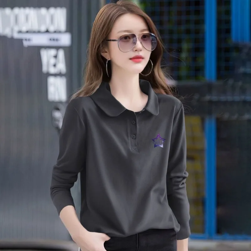 

New Autumn Women's Slimming Polo Shirt Loose Fitting Long Sleeve T-Shirt with Collar Versatile Casual Wear Top​