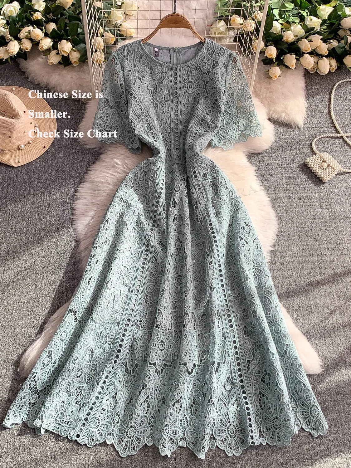 Hollow Out Embroidery Prom Evening Long Dresses Women Summer Short Sleeve Party Dress Birthday Crochet Pleated Formal Occasion