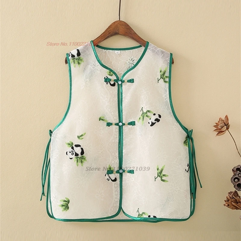 

2024 chinese traditional hanfu tops vintage lace chiffon vest national panda embroidery vest sleeveless jacket ethnic waistcoat