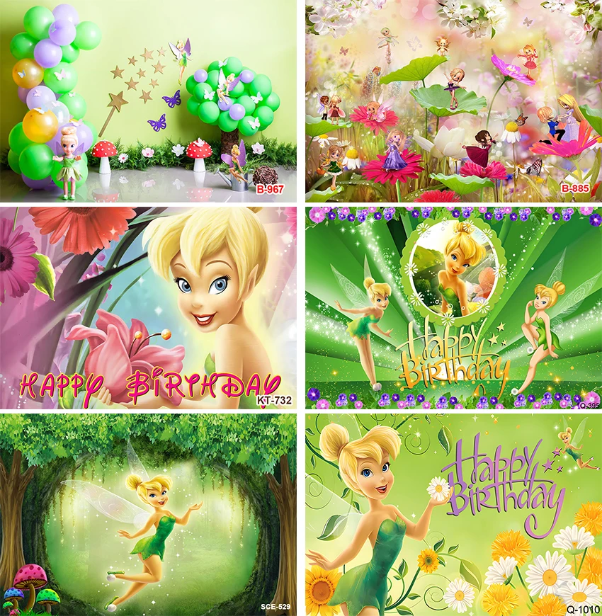 Fairy Backdrop for Tinker Bell Theme Birthday Party Green Photo Background for Tinkerbell Theme Party Cake Table Decorations