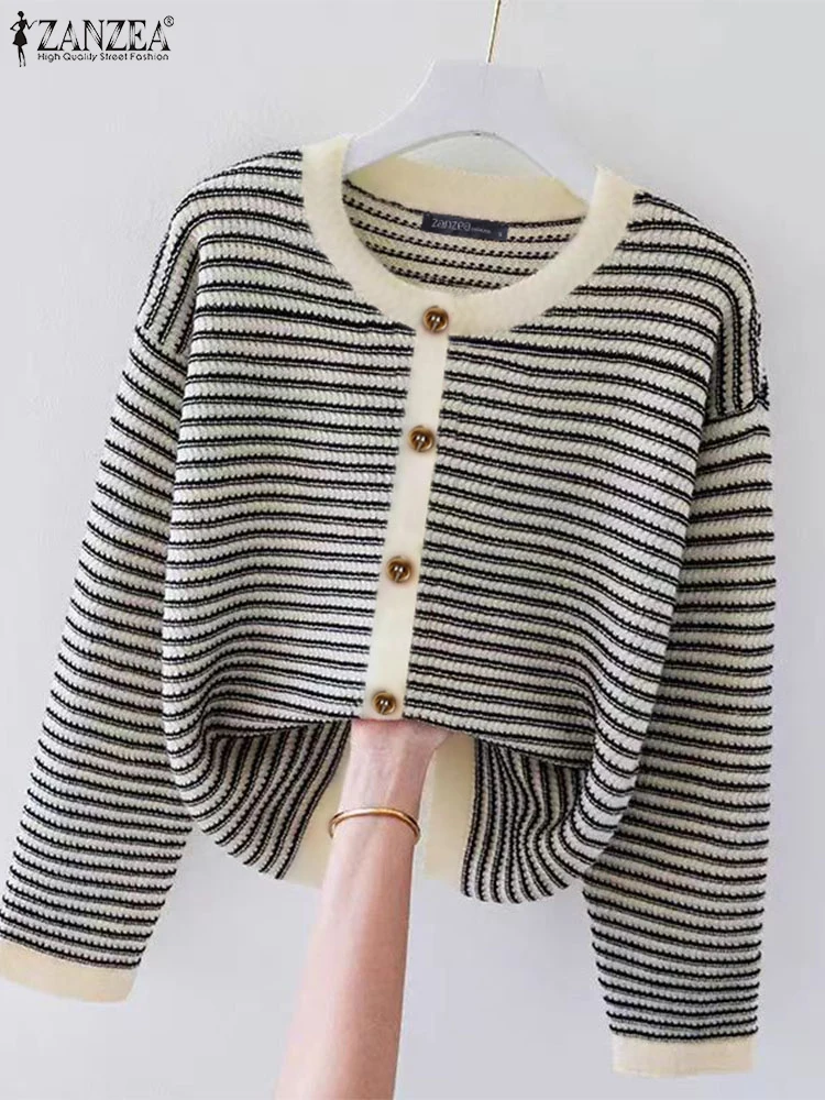 Women Stripe Printed Knit Tees ZANZEA Korean Fashion Color Contrast Tops Holiday Long Sleeve Buttons Decoreted Tunic Autumn Tops