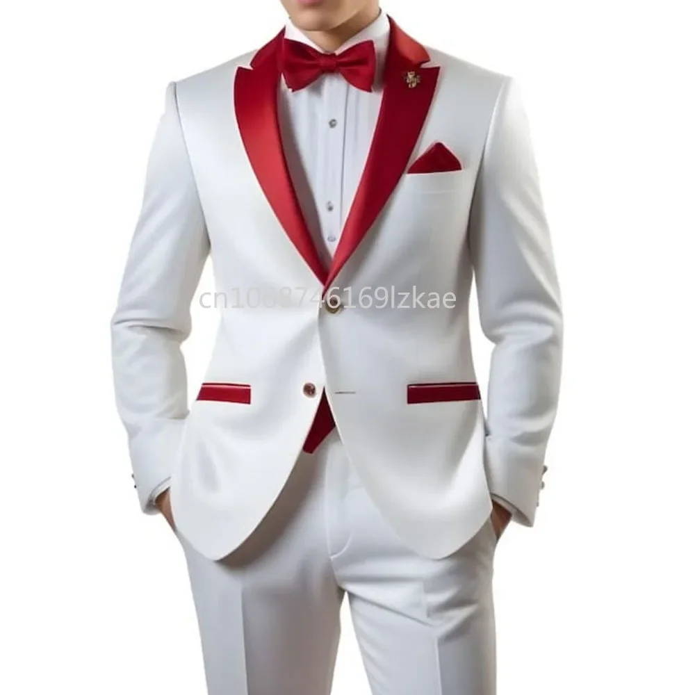 Customized White Men Suits Single Breasted Red Notch Lapel Slim Fit Male Clothing High Quality Wedding 2 Piece Jacket Pants