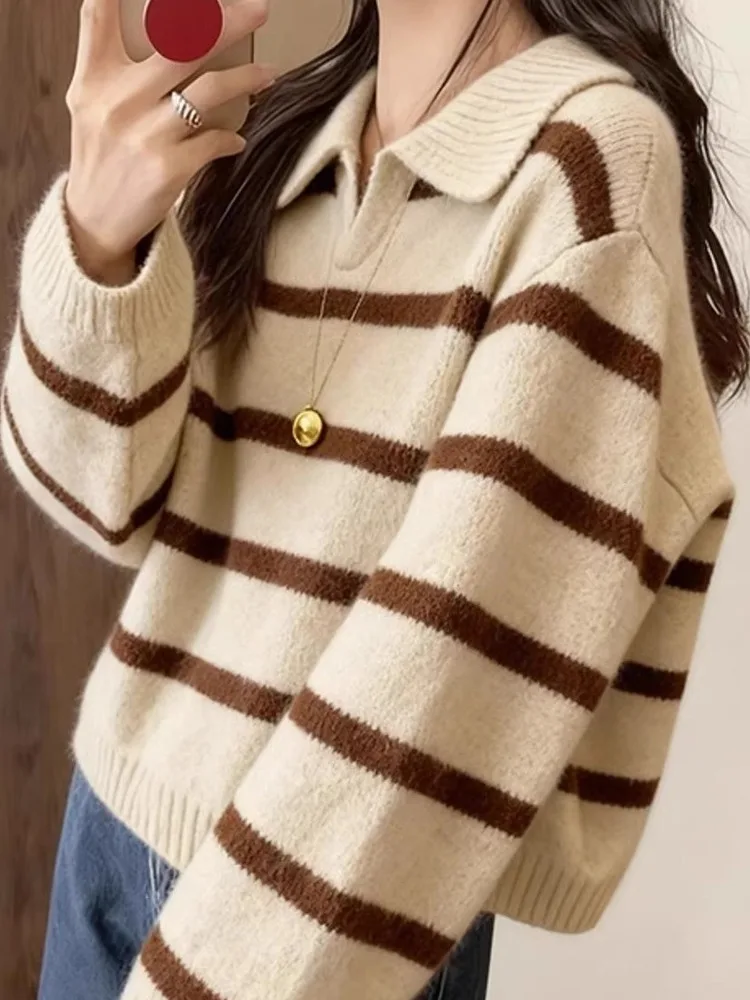 Brown Striped  Ne Knitted Sweater Loose Thiened Autumn Winter Women's Faion Commute Sle Long Sve Overhead Top