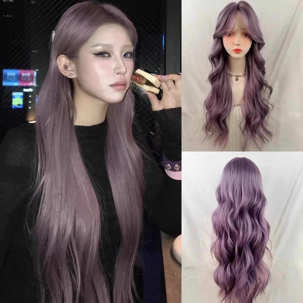 

Long Wavy Purple Synthetic Wigs Middle Part Lolita Cosplay Fluffy Women Wig eat Resistant for Daily Party