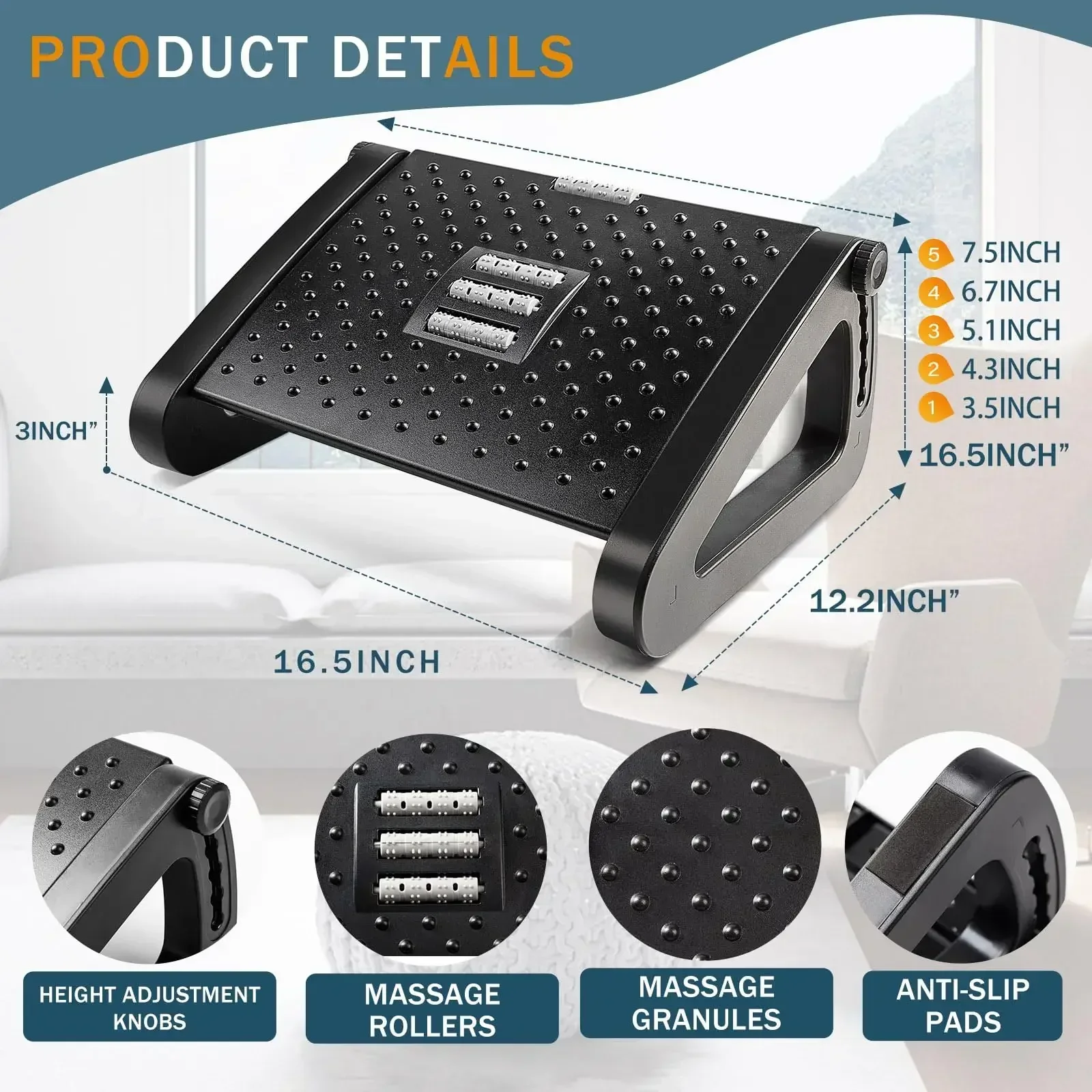 人間工学に基づいたデスク用フットレストスツール、脚マッサージクッションとフットペダル付き、ホームオフィスでのリラックスに最適