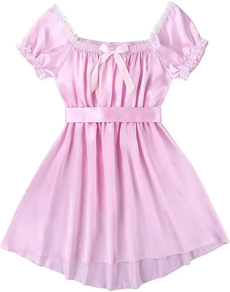 

New Daily Dressing Maid Square Neck Dress with Bow Tie Tie Waist and Lace Embedding Soft Satin Dress Customization