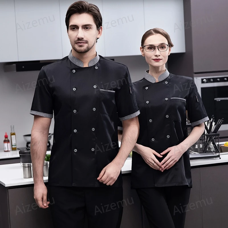 

Новая униформа для поваров: мужская куртка повара с коротким рукавом, дышащая сетчатая куртка, черная, для ресторанов, пиццерий, рабочая одежда.
