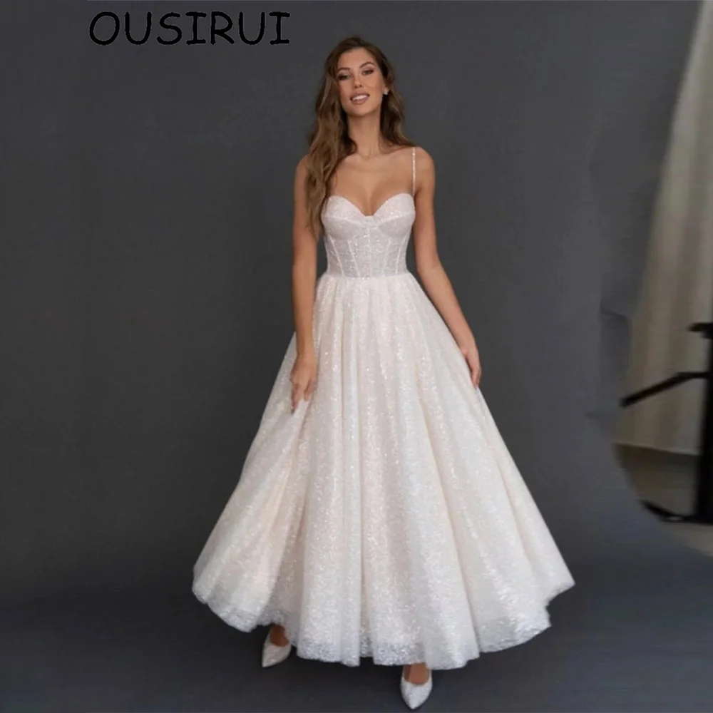 OUSIRbiomomis-Robe de mariée brillante à bretelles spaghetti, robe de mariée dos nu A-ligne, col en cœur, longueur au rinçage