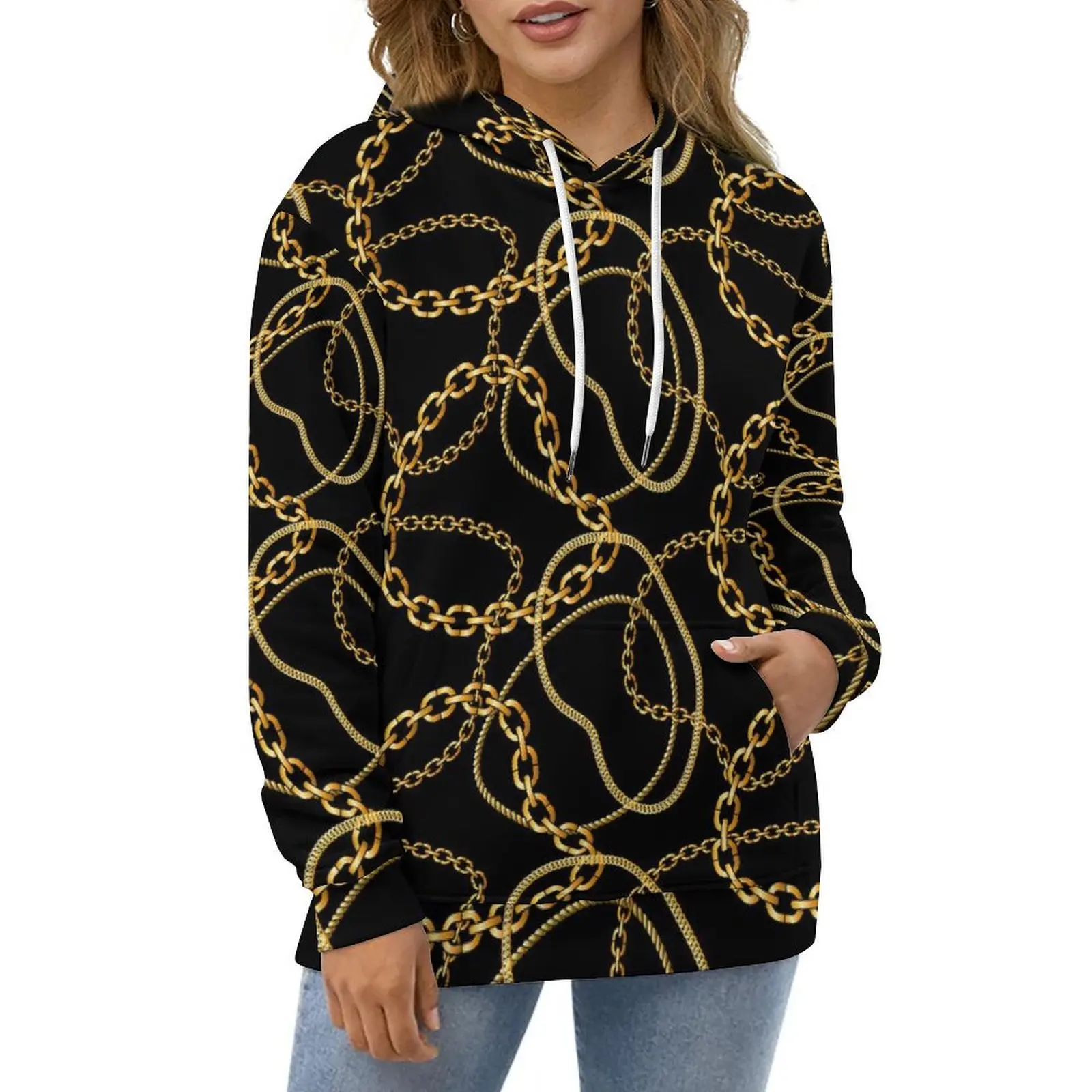 

Retro Chain Print Hoodies Gold Link Harajuku Oversize Hoodie Couple Long Sleeve Pretty Graphic Casual Hooded Sweatshirts