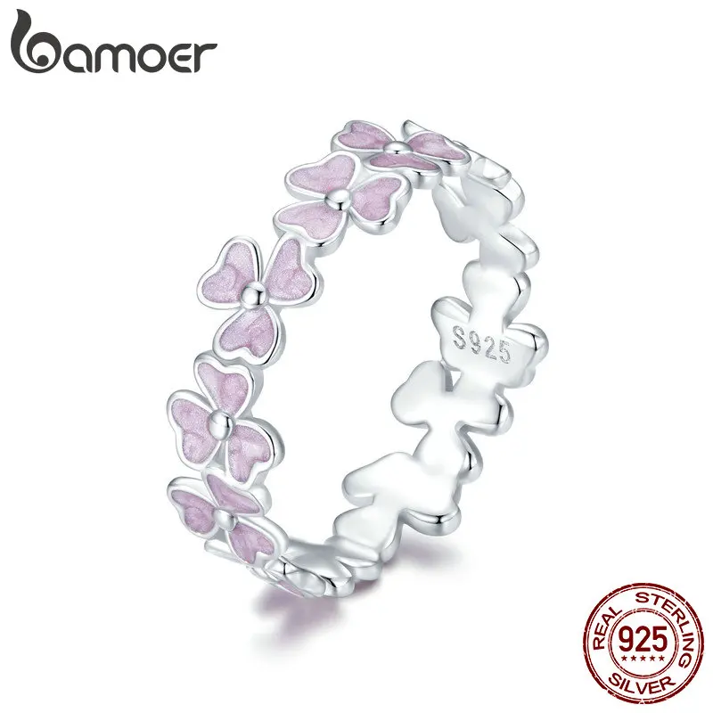 Bamoer 925 Sterling Silver Lucky Purple Flower Rings clover Lovely Ring For Women Fine Jewelry Anniversary Birthday Gift Party