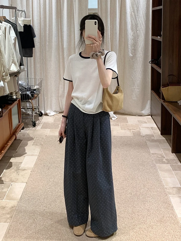 

plus Size High Waist Wide Leg Pants Women's Straight Cut Slimming Polka Dot Casual Autumn Faionable Trousers