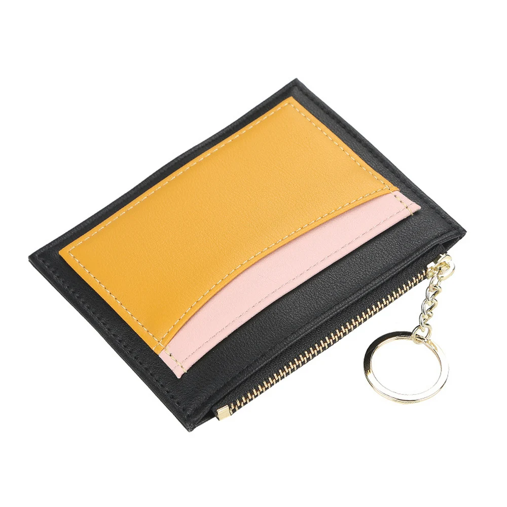 CFUN YA Unisex PU Coin Purse Card Holder Slim Color Block Design with Zipped Pocket Card Slots Clear ID Window and Key Ring