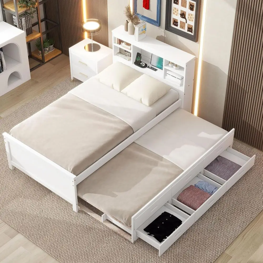 

Twin Wooden Platform Bed with Storage, Bookcase, Charging Station & Trundle for Kids, Teens, Adults - White