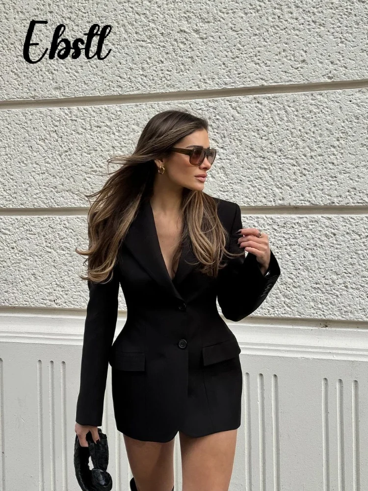 Elegant Street Notched Blazers Coat Women Slim Single Breasted Lapel Long Suit Jacket 2025 Spring New Lady Fashion Solid Outwear