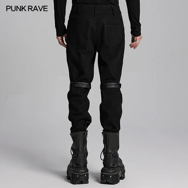 PUNK RAVE Men's Punk Woven Twill Personalized Metal Rings Eyelet Loops Handsome Pants Cool Trousers Streetwear Men Clothing